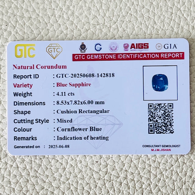 Blue Sapphire  Corn Flower Blue – 4.11 ct  Natural- heated – Sri Lanka