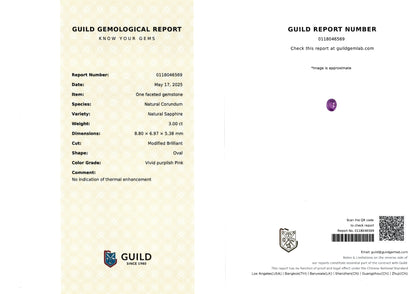 Natural Vivid Pink Sapphire 3.00ct Untreated Oval Gemstone Sri Lanka Origin Certified by Guild
